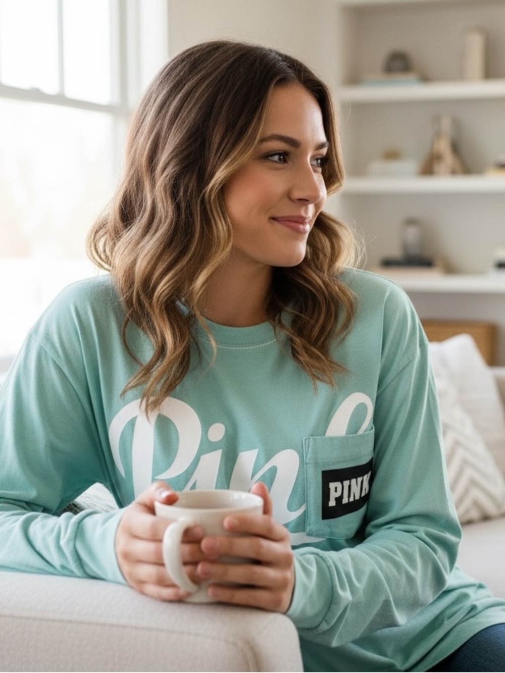 Victoria’s Secret PINK Long Sleeve Campus Pocket Tee Mint Green XS